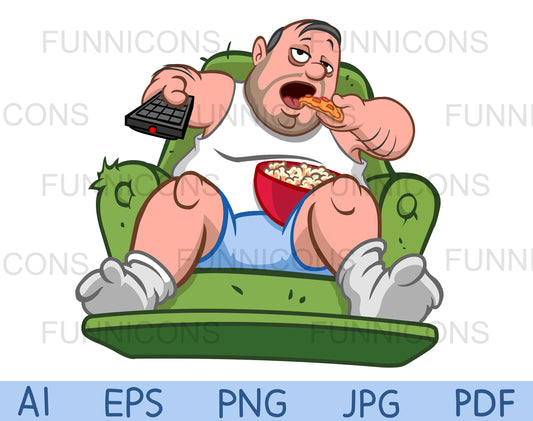Couch Potato Slob Overweight Man Sitting on the Sofa, Eating Pizza Slice and Popcorn while Watching TV