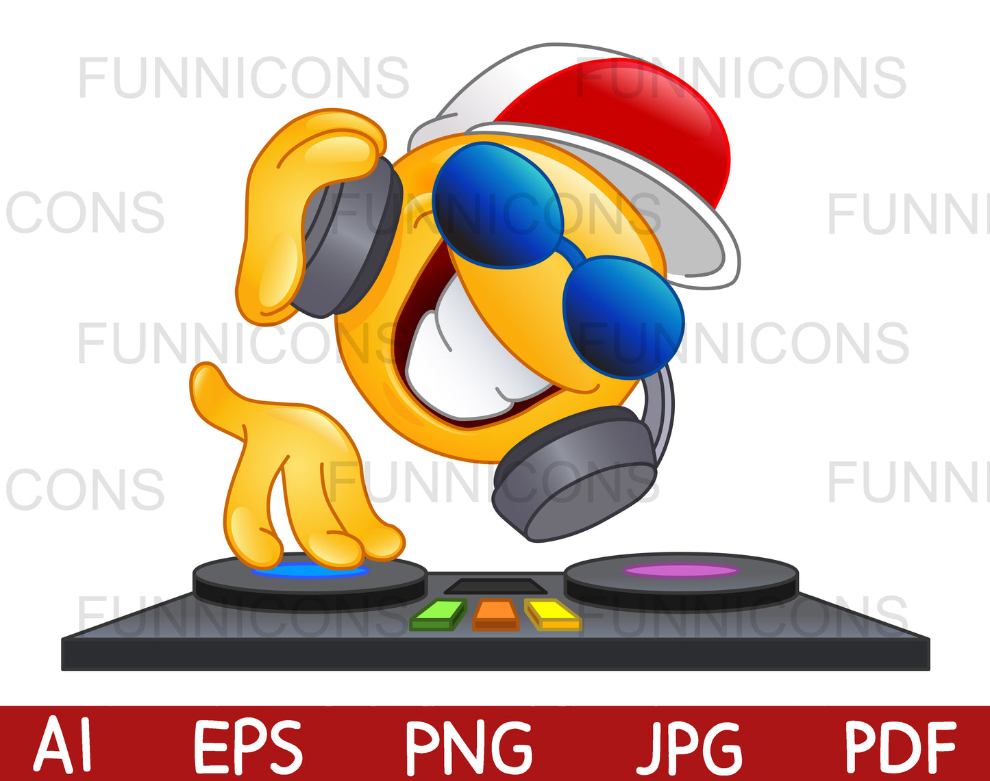 Happy DJ Emoji with Headphones and Sunglasses, Playing and Mixing Electronic Music on the Turntables Deck
