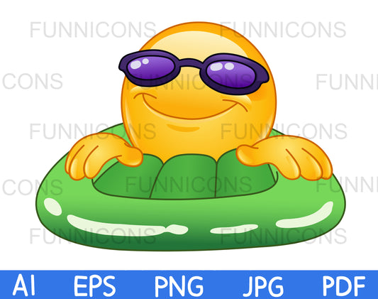 Happy Emoji with Sunglasses on a Green Inflatable Pool or Sea Water Mattress