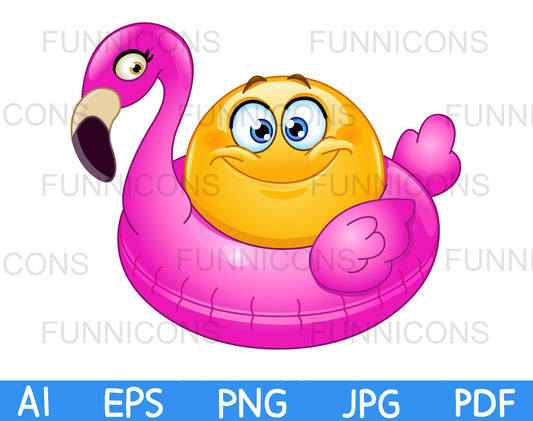 Happy Emoji Sitting in an Inflatable Pink Flamingo Ring