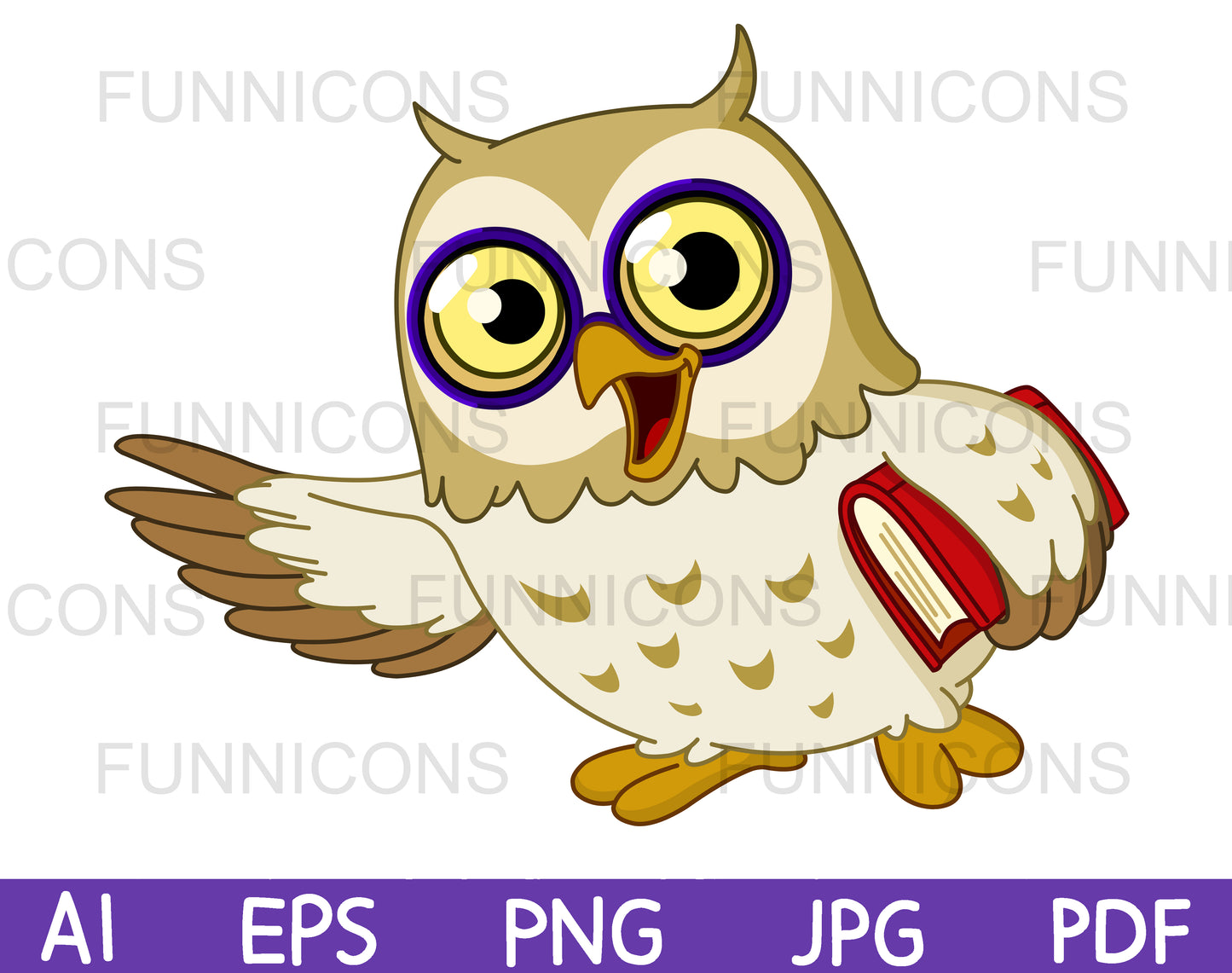 School Owl Wearing Eyeglasses, Gesturing with One Wing and Carrying a Book