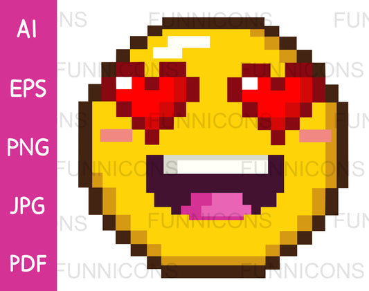 8-Bit Pixel Art of a Love-Themed Emoji with Heart-Shaped Eyes