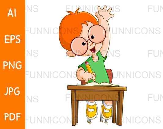 Smart Red Haired School Boy Raising his Hand at his Desk