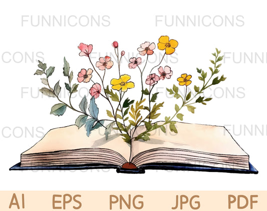 Vector Watercolor Painting of Flowers Growing from an Old Open Book, Hand-Painted