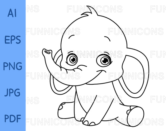 Outlined Happy cute baby elephant sitting, Vector Line Art Illustration and Coloring Page
