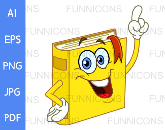 Happy Yellow Book Cartoon Character Pointing with his Finger with an Idea