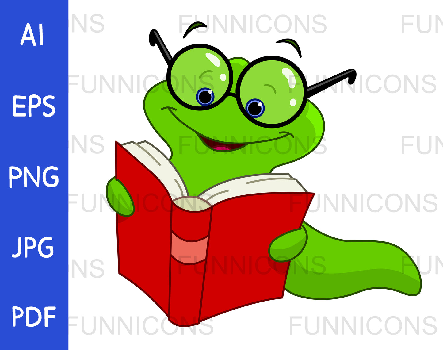 Smiling Green Worm Wearing Eye Glasses and Reading a Book