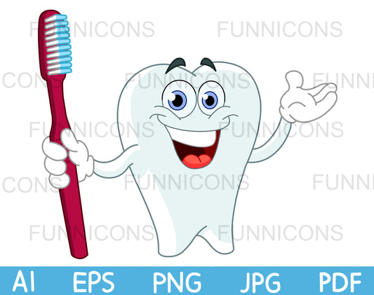 Smiling Cartoon Tooth Holding a Toothbrush and Presenting with Hand