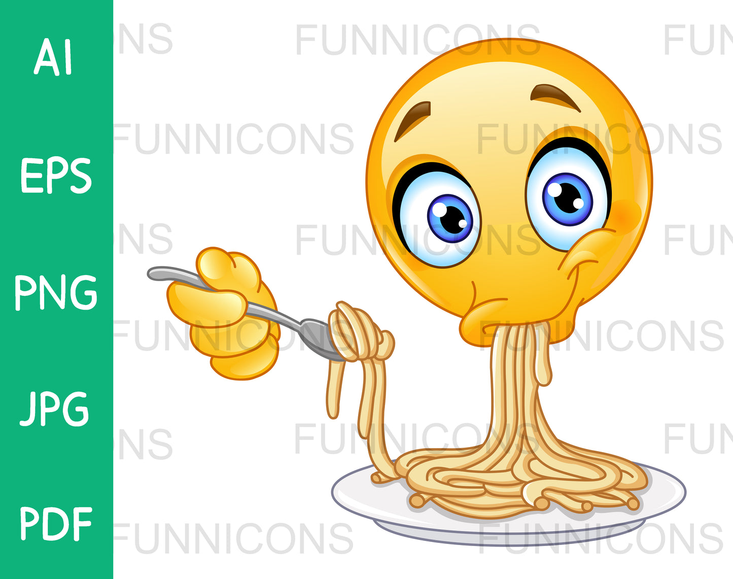 Hungry Emoji Eating Spaghetti from a Plate using a Spoon
