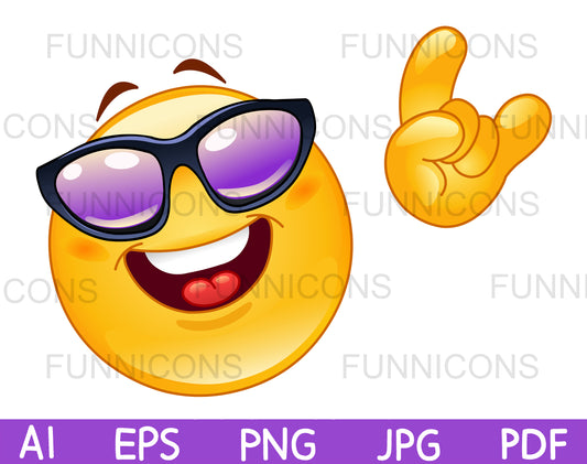 Funky Emoji Wearing Sunglasses and Gesturing the Horn Hand Sign