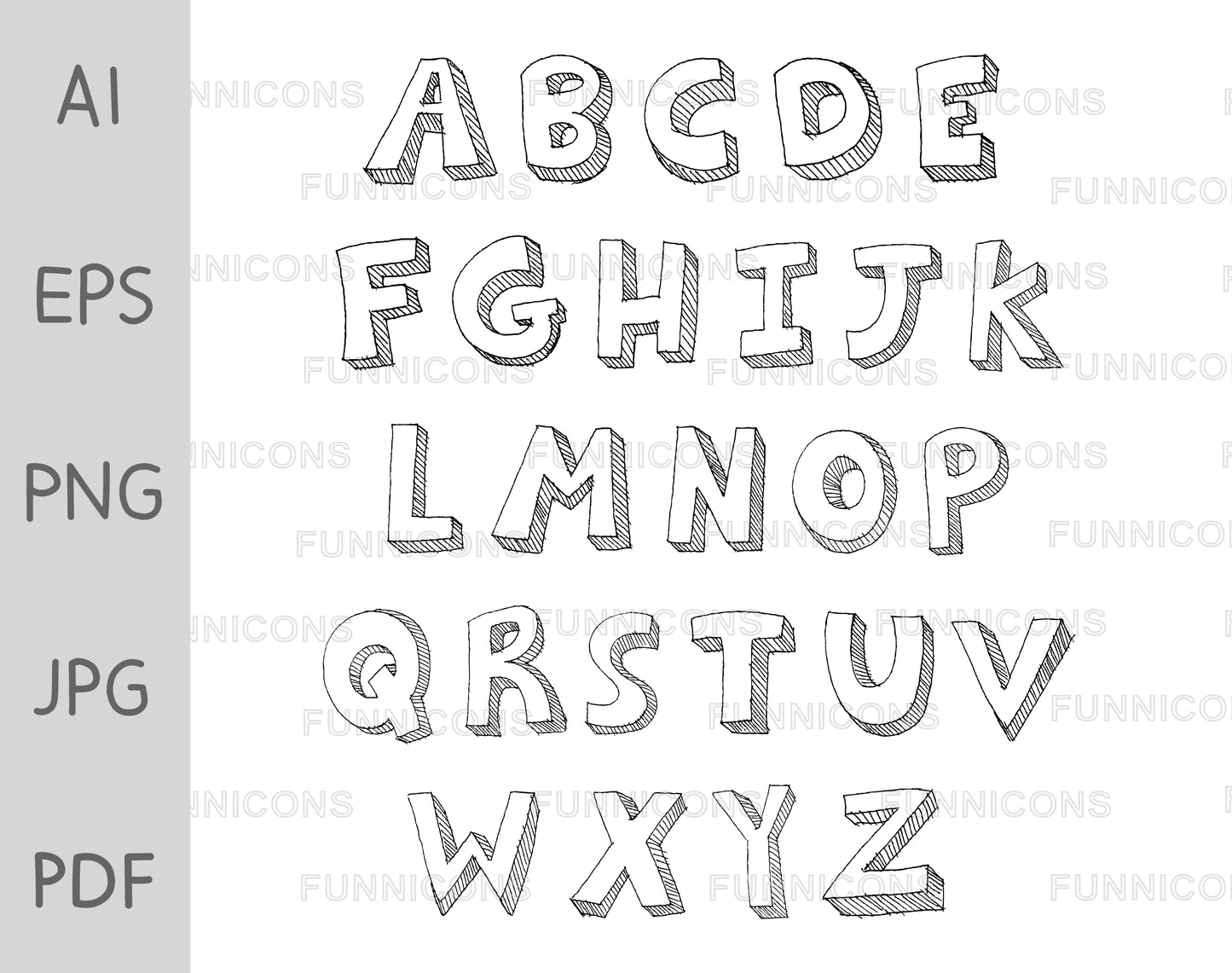 Hand Drawn Alphabet Letters Set in a 3D Style, Sketch Doodle Design.