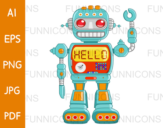 Retro Robot Toy Waving with "Hello" Displayed on Its Chest