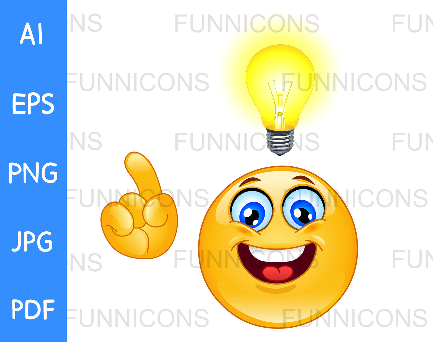 Happy Emoji Pointing with a Glowing Light Bulb having an Idea