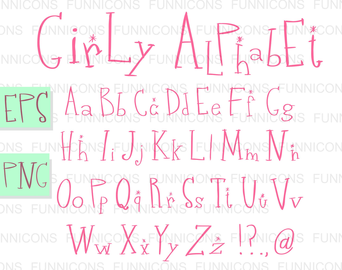 Pink Girly Alphabet Vector Font Set, Upper Case Capital Big Letters, Lower Case Small Letters and Marks, Hand Drawn Clipart Alphabet.