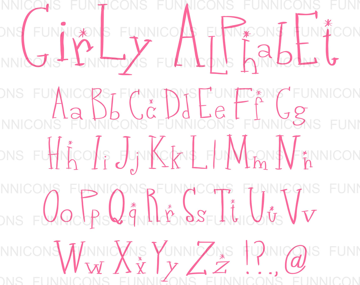 Pink Girly Alphabet Vector Font Set, Upper Case Capital Big Letters, Lower Case Small Letters and Marks, Hand Drawn Clipart Alphabet.