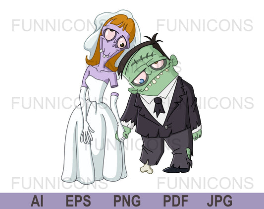 Zombie Wedding, Zombie Bride and Groom Holding Hands.