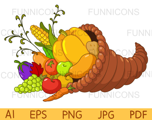 Thanksgiving Horn of Plenty, Cornucopia with Autumn Fruits and Vegetables