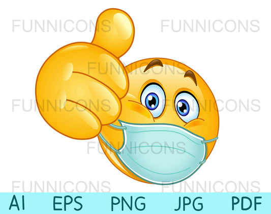 Emoji with Medical Mask over Mouth Showing Thumb up, Like Gesture.