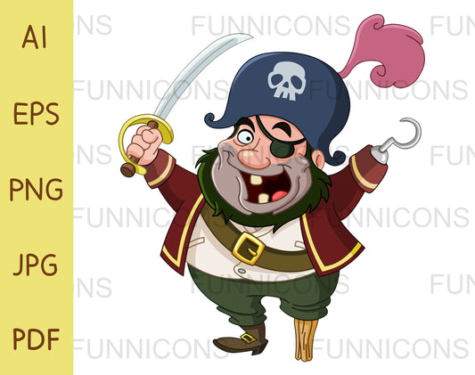 Happy Pirate Character with a Sword Peg Leg and Hook Hand