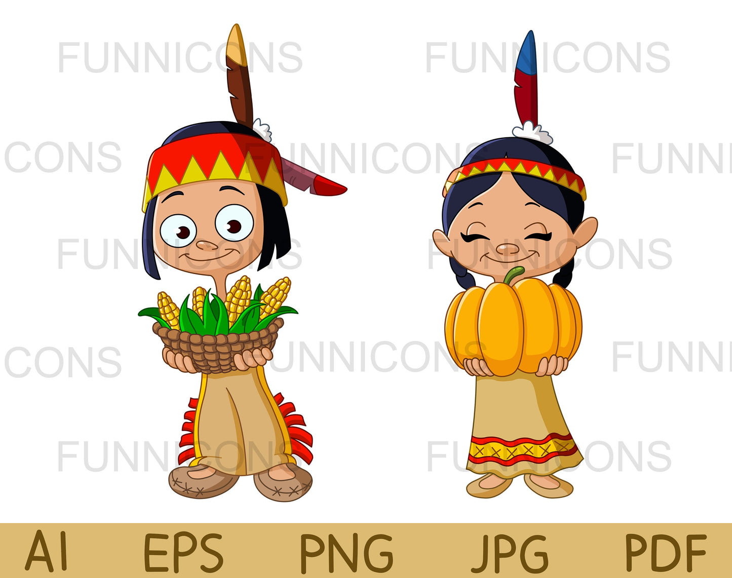 Cute Thanksgiving Native American Indian Children, a Boy and a Girl, with Corn and a Pumpkin