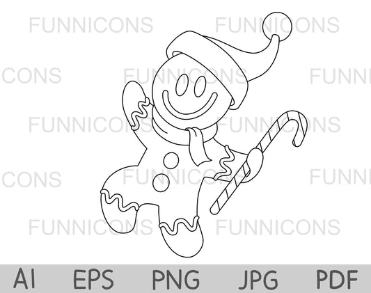 Outlined happy Christmas gingerbread man wearing Santa hat and holding a candy cane, Vector line art illustration coloring page