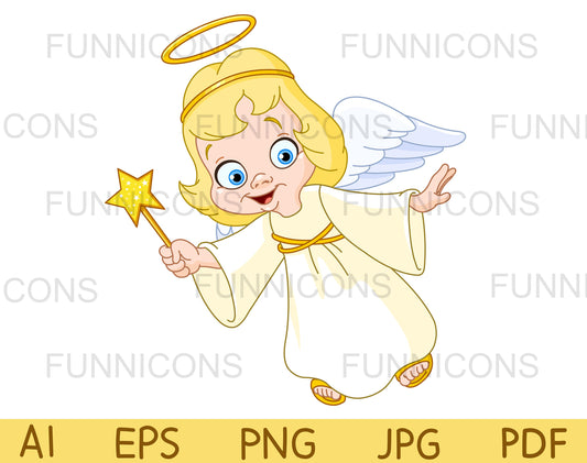 Cute Christmas Angel Girl Flying with a Wand