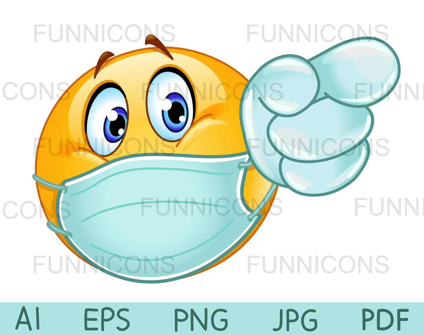 Emoji with a Medical Mask over Its Mouth and Disposable Gloves, Pointing Forward