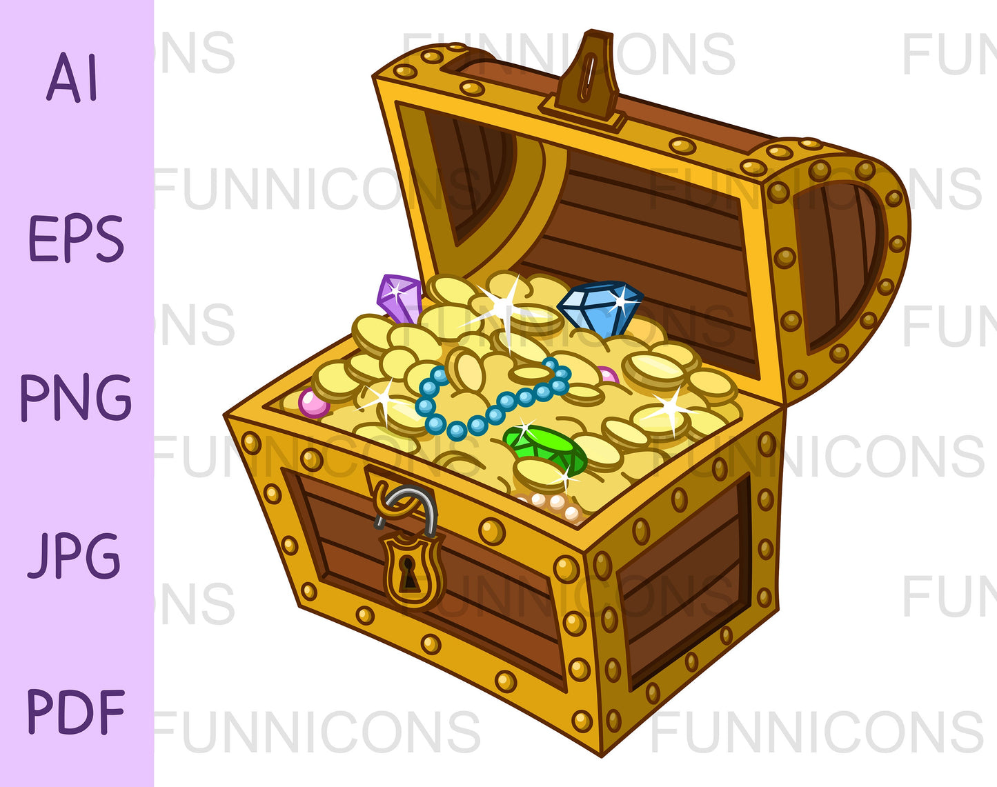 Opened Wooden Treasure Chest Box Full of Gold Coins, Gems and Jewelry