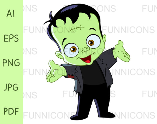 Cute Young Frankenstein Kid Boy Holding out his Arms, Little child in a Green Monster Costume, Trick or Treat Theme