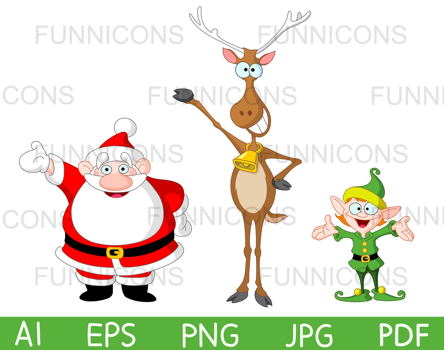 Happy Christmas Characters, Santa Claus, Reindeer and Elf