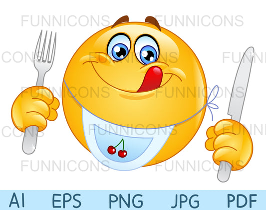 Hungry and Happy Emoji with his Tongue out, Wearing a Bib and Holding a Fork and a Knife, Getting Ready to Eat