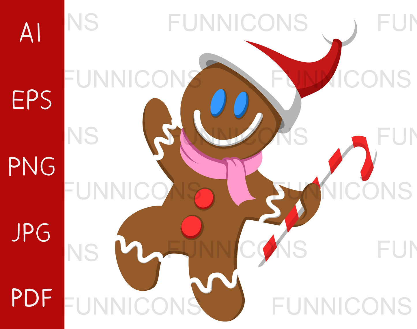 Happy Christmas gingerbread man wearing Santa hat and holding a candy cane.