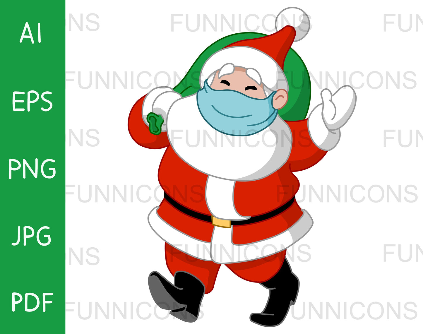 Santa Claus with Covid Medical Mask over his Mouth, Carrying Gift Sack, Walking and Waving Hello