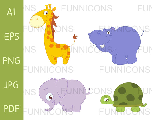 Cute Baby Animals Set, Giraffe, Hippo, Elephant and Turtle