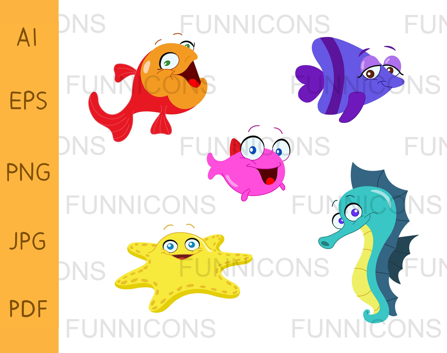Set of Cute Cartoon Sea Creatures, Tropical Fish, Starfish and Seahorse.