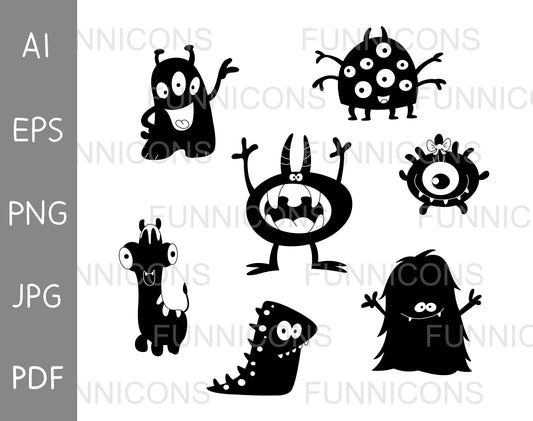 Cute Black and White Monsters Set