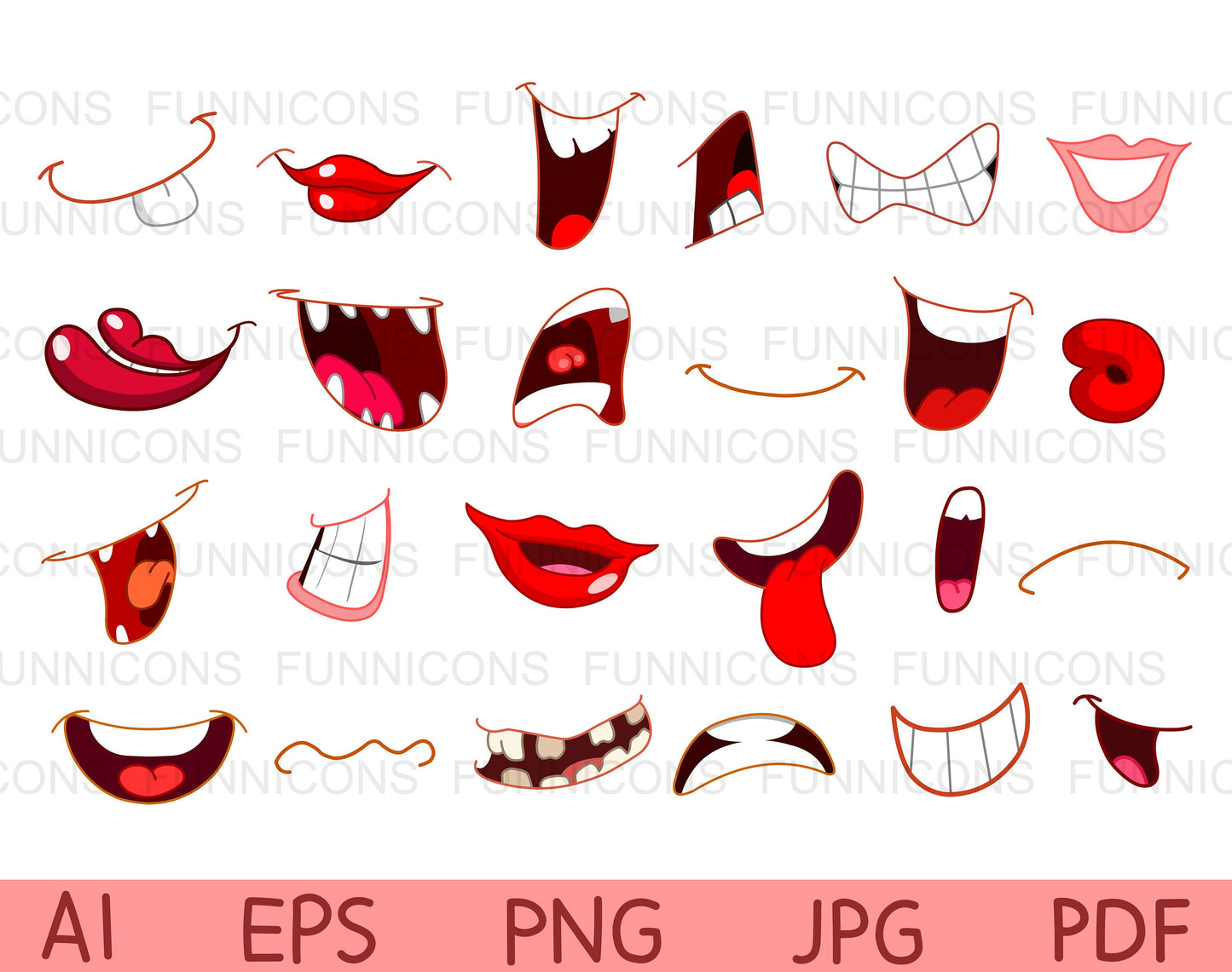 Set of Cartoon Mouths and Lips Expressions, Smile, Angry, Sad, etc..