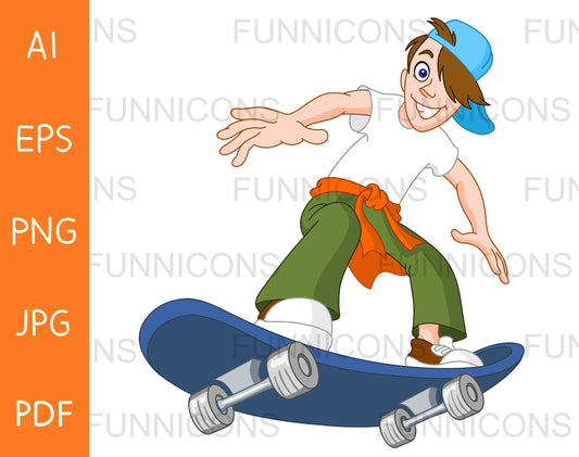 Happy Teen Boy on a Blue Skateboard
