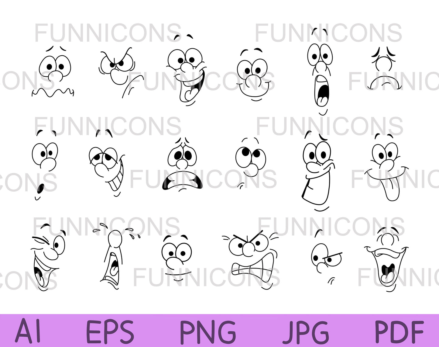 Clipart Big Bundle of Facial Expressions Cartoon Set, Happy, sad, angry, etc..