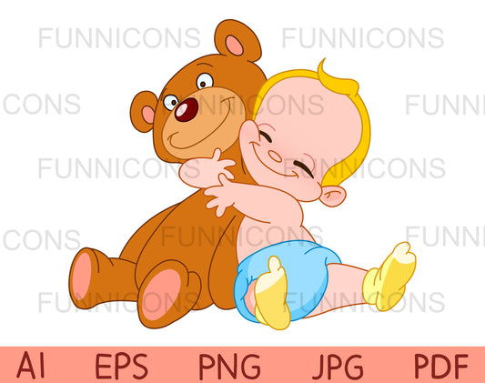 Happy Blond Baby Boy Hugging a Big Teddy Bear