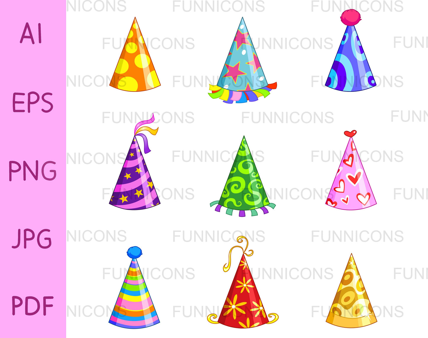 Colorful Party Hats Set, Birthday, Holiday, Celebration and New Year Caps