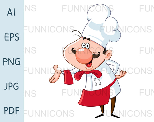 Happy Friendly Italian or French Style Chef with Mustache Presenting.