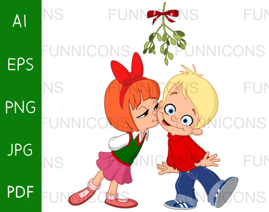 Young Girl Kissing Boy on the Cheek under a Christmas Mistletoe