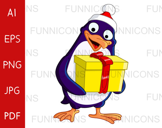 Happy Penguin Wearing Santa Claus Hat, Carrying a Yellow Christmas Gift with Red Ribbon and Bow