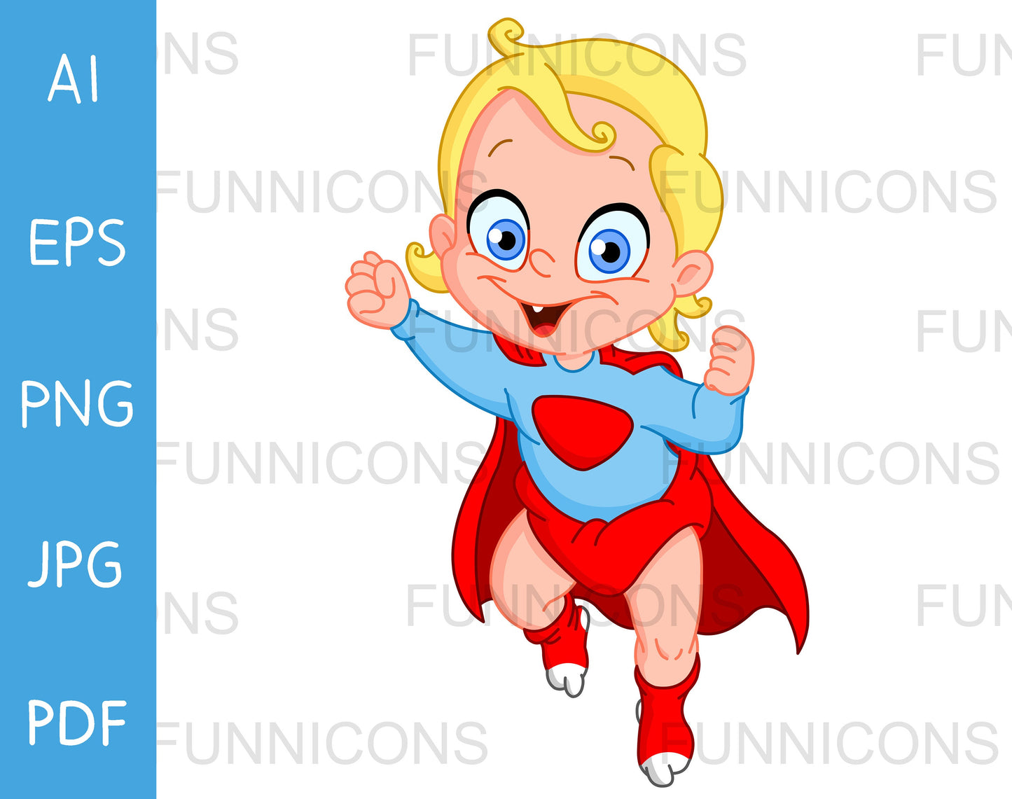 Superbaby, Happy Blond Baby Boy or Girl Flying in a Superhero Costume