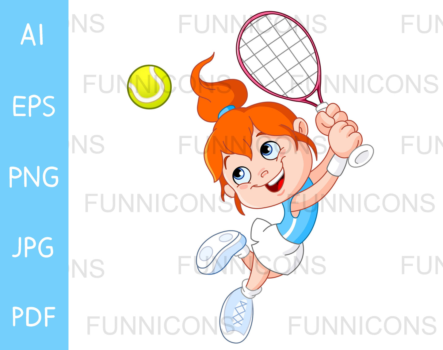 Happy Young Girl Playing Tennis, Leaping to Hit a Ball