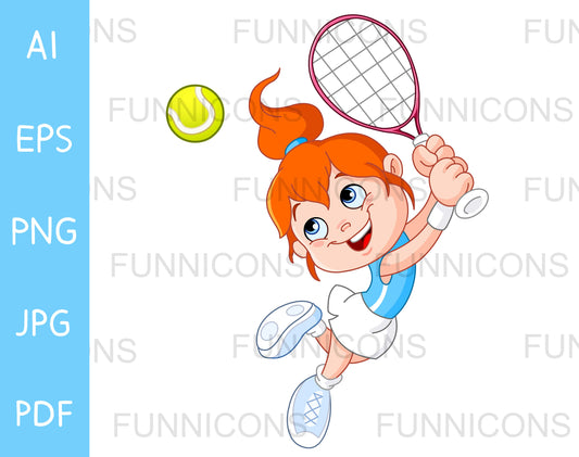 Happy Young Girl Playing Tennis, Leaping to Hit a Ball