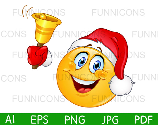 Christmas Happy Emoji Wearing Santa Claus Hat and Ringing a Bell