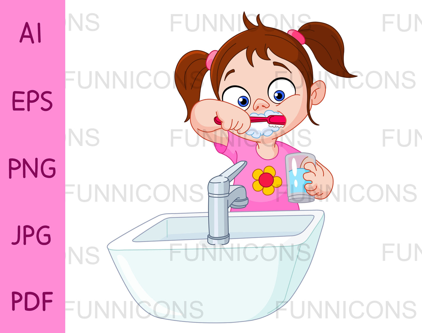 Young Girl Brushing her Teeth over a Sink