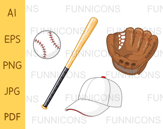 Baseball Elements Set, Ball, Bat, Cap Hat and Glove Mitt